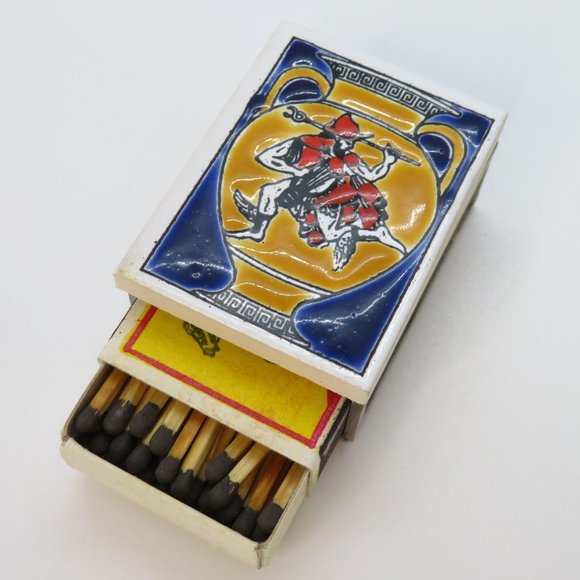 Vintage Wooden Match Box Painted Ceramic Tile Top Metal Box Greece Urn Soldier - Picture 3 of 6